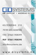 Logo EI Systems, Keltenring 210, 79199 Kirchzarten (bei Freiburg), Deutschland Tel. 07661 90 83 90: Ihr kompetenter Partner in Sachen EDV: Netzwerkbetreuung, Datenbankprogrammierung, Sicherheit